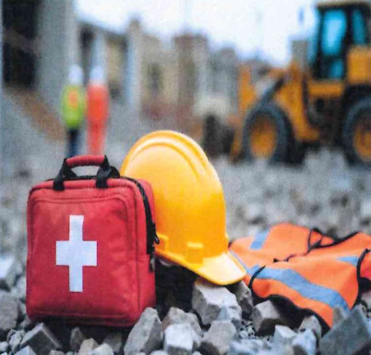 First aid kit and safety helmet on site